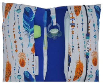Bolsa de pañales personalizada con nombre, XXL, para gemelos, compartimentos con plumas, regalo para recién nacidos, bebé en movimiento, niño, personalizable, estilo bohemio.