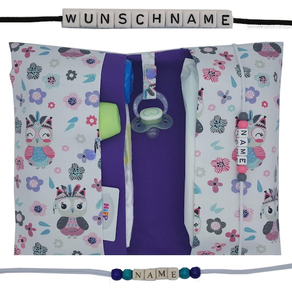 Windeltasche to go mit Name Wickeltasche XXL Tiere Eulen Zwillinge Schnullerkette Fächer Windeletui Baby unterwegs Mädchen personalisierbar