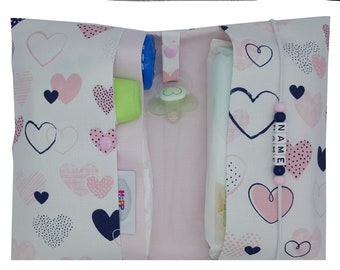 Bolsa de pañales personalizada con nombre, bolsa de pañales XXL para gemelos, corazones, cadena para chupete, compartimentos, estuche para pañales para bebé en movimiento, niña, personalizable, etc.