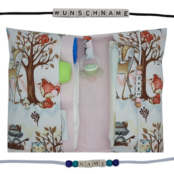 Windeltasche mit Name Wickeltasche XL Zwillinge Waldtier Reh Fuchs Windeletui Baby unterwegs Mädchen personalisiert Schnullerkette Frau Else