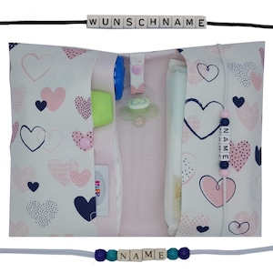 Windeltasche to go mit Name Wickeltasche XXL Zwillinge Herzen Schnullerkette Fächer Windeletui Baby unterwegs Mädchen personalisierbar Else