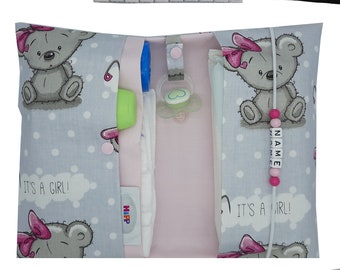 Bolso cambiador para llevar con nombre, bolso cambiador XXL para gemelos, osito "Es niña", compartimentos rosas, porta pañales para nacimiento, bebé, bautizo, para llevar, niña
