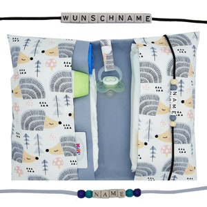 Windeltasche to go mit Name Wickeltasche XXL Zwillinge Igel Schnullerkette Fächer Windeletui Baby unterwegs Junge Mädchen personalisierbar