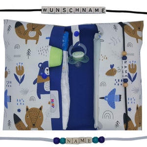 Windeltasche to go mit Name Wickeltasche XXL Zwillinge Waldtier Fuchs Bär Hase Fächer Windeletui Baby unterwegs Mädchen Junge personalisiert