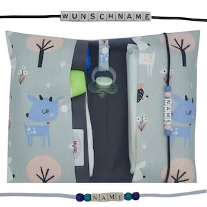 Windeltasche mit Name Wickeltasche XL Zwillinge Waldtier Reh Baum Windeletui Baby unterwegs Mädchen personalisiert Schnullerkette Frau Else