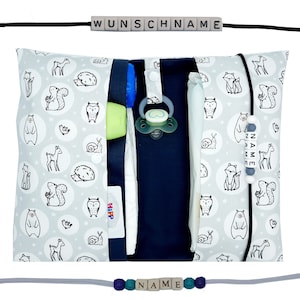 Windeltasche to go mit Name Wickeltasche XXL Zwillinge Waldtier Bär Hase Fuchs Fächer Windeletui Baby unterwegs Mädchen Junge personalisiert