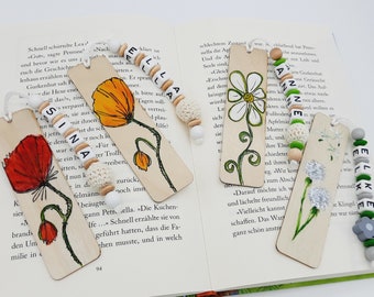 Marcapáginas pintado a mano personalizado con nombre - floral - flor de amapola y diente de león - para adultos - regalo para cumpleaños, Día de la Madre