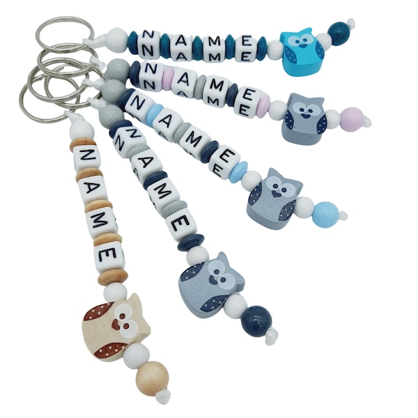 Schlüsselanhänger mit Name Eule viele Farben personalisiert Gravur Schulranzen Baby Kind Kindergartentasche Wickeltasche Namensanhänger