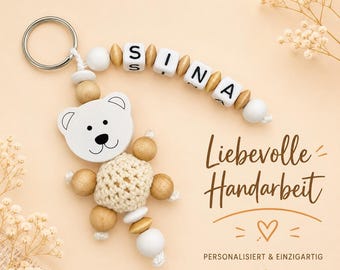 Schlüsselanhänger mit Name 3D Bär für Junge + Mädchen personalisiert Schulranzen Baby Kind Kindergartentasche Wickeltasche Namensanhänger