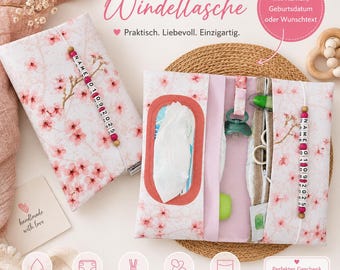 Personalisierte Windeltasche Kirschblüte | Wickeltasche mit Namen & Geburtsdatum | Geschenk zur Geburt Mädchen | Windel Organizer Baby