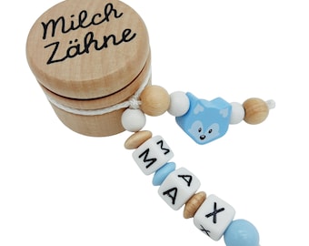 Personalisierte Zahndose Milchzahndose mit Namen /Datum - Fuchs - Aufbewahrung Milchzähne Holz Geschenk Geburtstag Einschulung Junge Zahnfee