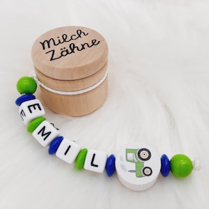 Personalisierte Zahndose Milchzahndose mit Namen - Traktor blau - Junge Zahnfee Aufbewahrung Milchzähne Holz Geschenk Geburtstag Einschulung