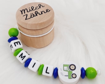 Caja de dientes personalizada con nombre - Tractor azul - Caja para guardar dientes de leche de hada de los dientes, regalo de madera para cumpleaños y primer día de clases.