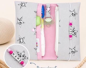 Personalisierte Windeltasche mit Namen Sterne Rosa Grau | Wickeltasche Baby | Babytasche mit Namen Geschenk Geburt Mädchen Windelmappe Baby