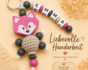 Schlüsselanhänger mit Name 3D Fuchs für Mädchen pink personalisiert Gravur Schulranzen Baby Kind unterwegs Kindergartentasche Namensanhänger
