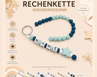 May include: A personalized wooden counting chain with the word "NAME" spelled out. The chain features blue and white beads, a star-shaped charm, and the text "0-20 ZUM ZÄHLEN & LERNEN". Additional text includes "PERSONALISIERTE RECHENKETTE".