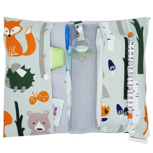 Windeltasche mit Name Datum für unterwegs Junge Mädchen - Wickeltasche mit Waffelpique Waldtiere Fuchs Geburt Windeletui Baby personalisiert