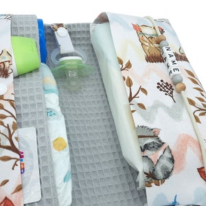 Windeltasche mit Name für unterwegs Junge Mädchen - Wickeltasche mit Waffelpique - Waldtiere Reh Geburt Taufe Windeletui Baby personalisiert