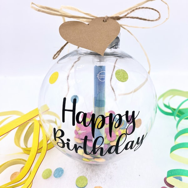 Geld schön verpackt - Geldgeschenk Gutschein Verpackung als Kugel mit Geldröhrchen - auch mit Name personalisiert 10cm Kunststoff Geburtstag