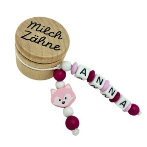 Personalisierte Zahndose Milchzahndose mit Namen /Datum - Fuchs rosa - Aufbewahrung Milchzähne Holz Geschenk Geburtstag Einschulung Mädchen
