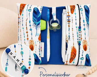 Personalisierte Windeltasche mit Namen Federn Blau Orange | Wickeltasche Baby Junge | Babytasche mit Namen | Geschenk Geburt | Boho Baby