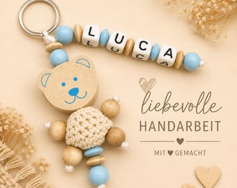Schlüsselanhänger mit Name 3D Teddy Bär für Jungen hellblau personalisiert Schulranzen Kind Kindergartentasche Wickeltasche Namensanhänger