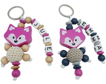 Schlüsselanhänger mit Name 3D Fuchs für Mädchen pink personalisiert Gravur Schulranzen Baby Kind unterwegs Kindergartentasche Namensanhänger