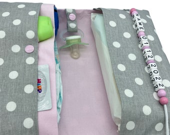 Bolso cambiador con nombre, bolso cambiador XXL con lunares, gris y rosa, para gemelos, muchos compartimentos, porta pañales, regalo bebé nacimiento, bautizo, para llevar, niña