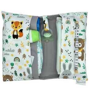 Windeltasche to go mit Name Wickeltasche XXL Zwillinge Waldtier Fuchs Bär Hase Fächer Windeletui Baby unterwegs Mädchen Junge personalisiert