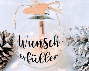 Dinero bellamente empaquetado - Vale de regalo de dinero en forma de bola de Navidad - también personalizado con nombre - Bola de árbol de Navidad de plástico de 10 cm