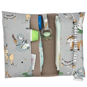 Windeltasche mit Name für unterwegs Junge Mädchen -Wickeltasche mit Waffelpique - Waldtiere Reh Indianer boho Windeletui Baby personalisiert
