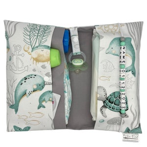 Windeltasche Name to go Wickeltasche Meerestiere mint maritim Zwillinge viele Fächer Windeletui Baby unterwegs Junge Mädchen personalisiert