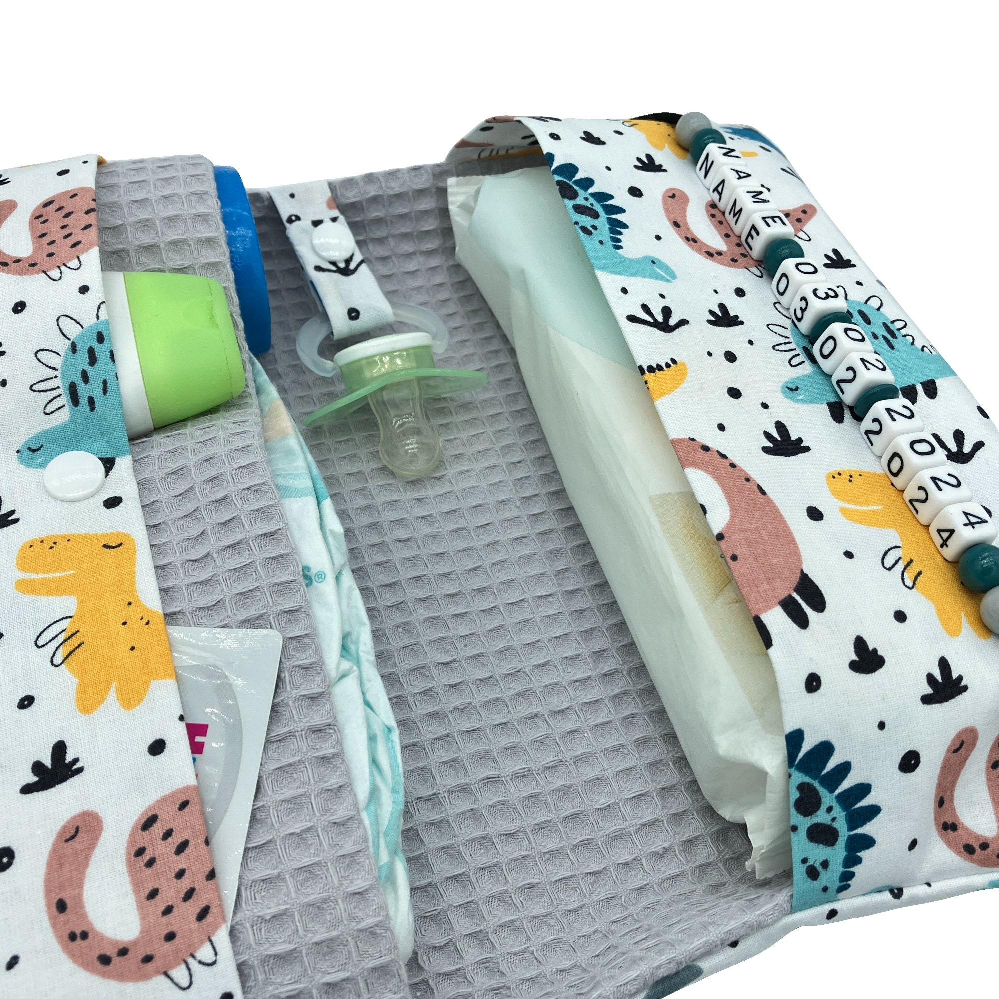 Diaper bag with name for on the go boy girl diaper bag with waffle pique dinosaur dinos birth baptism diaper case baby personalized