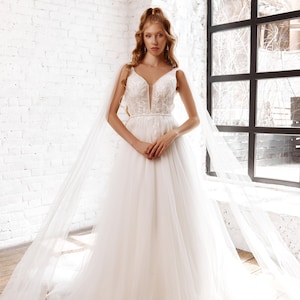 Wedding Dress, Lace Wedding Dress,A-Line Wedding Dress, Long Train Wedding Dress, Open Back Wedding Dress, Classic Wedding Dress, Bridal