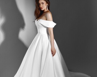 Minimalist Satin Ballgown Wedding Dress: Off-Shoulder Bridal Gown