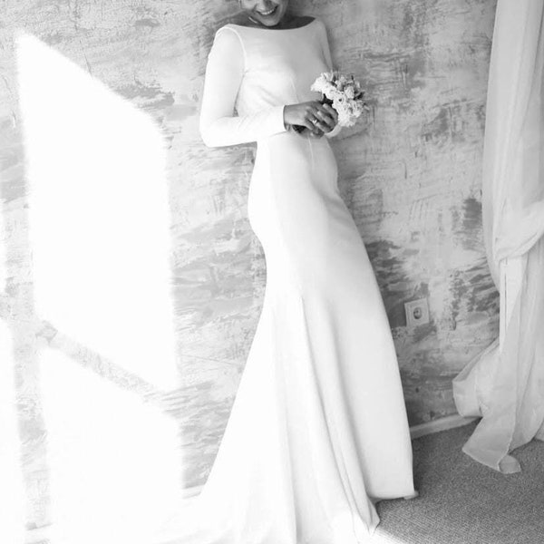 Elegante Mermaid Brautkleid: Langarm Offener Rücken, Elfenbein Weiß Schwarz