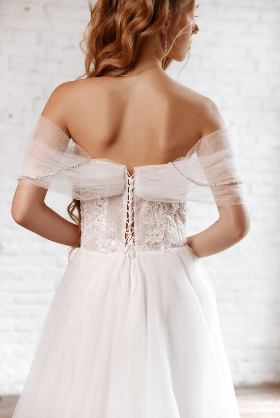 A-Line Tulle Wedding Dress: Lace Corset, Shimmer Fabric