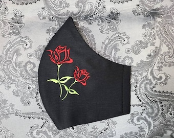 Gezichtsmasker, dubbele rozen geborduurd, op maat gemaakt, Unisex, modemasker, stofmasker, stijlvol masker, met elastische oorlussen,