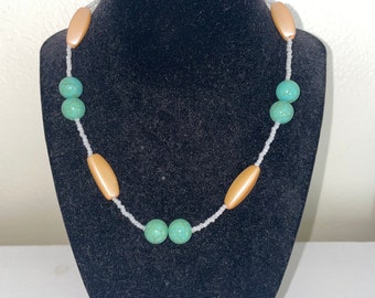 Handmade Teal, Peach and white beaded Statement necklace, Sea green, mermaid beach