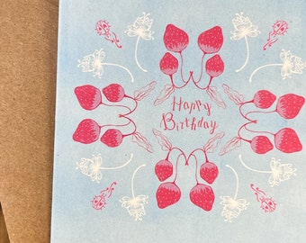 Strawberry Field Greeting Card - Happy Birthday - Kraft Envelope - Blank Inside