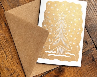 Gold Christmas Tree Card: Handprinted Linocut on Recycled Paper