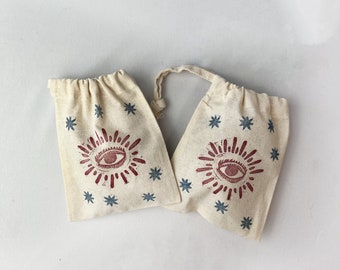 Hand-Printed Mystic Eye Cotton Drawstring Bag: Witchy Pouch