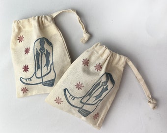 Hand-Printed Western Boot Cotton Drawstring Bag: Coin Purse