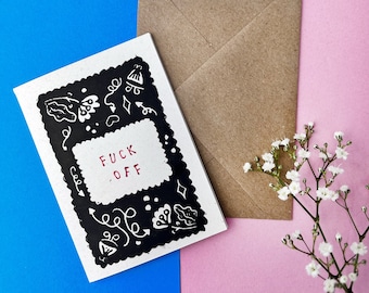 Fuck Off postcard | A7 | Handprinted card | Lino print| Incl kraft envelope | Blank inside