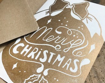 Merry Christmas golden shiny Postcard | A6 | Handprinted card | Incl kraft envelope | multi packs available