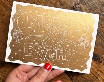 Hand Printed Merry & Bright Christmas Card: Gold Linocut, Recycled Paper