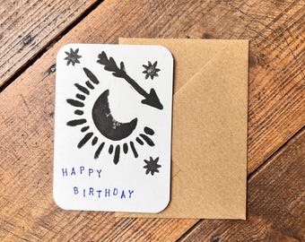 Handmade Moon Birthday Card – A7 Linocut Celestial Greeting – Blank Inside Kraft Postcard