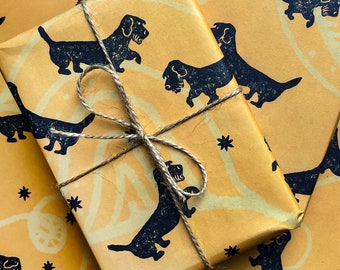 Sausage dog Percy giftwrap - Hand-drawn, linocut inspired Wire haired Dachshund, 50x70cm