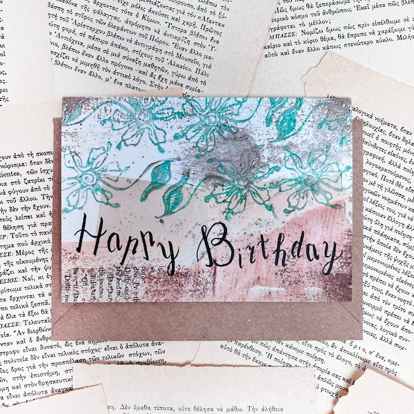 Joyeux anniversaire, lettrage à la main, fleurs, carte de voeux, dans un look vintage - cadeau, décoration, carte postale