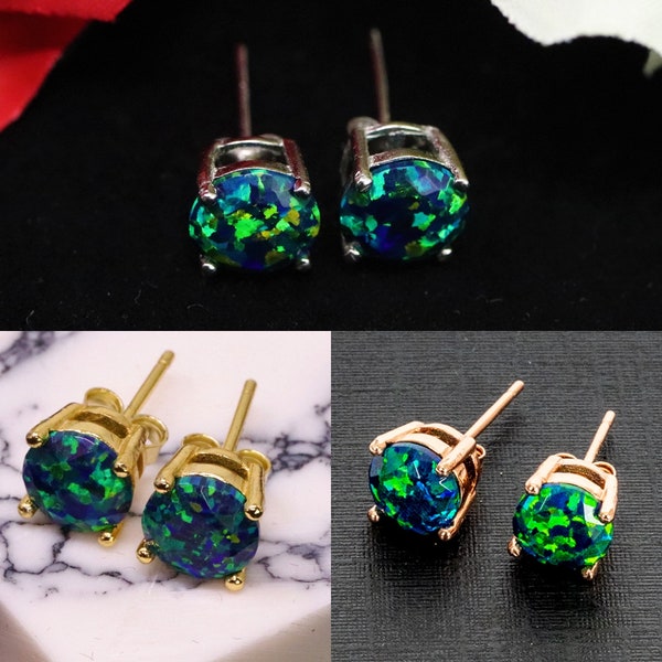 Black Emerald Opal Earrings, Faceted Green Opal Stud Earrings, White Gold Plated/14k Gold Plated/Rose Gold Plated Earrings, 5mm-8mm Studs